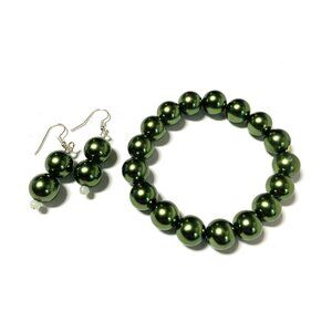 Beaded Bracelet and Dangle Earrings Pine Green Round Beads Matching Set NEW!